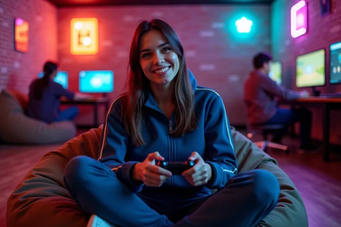 Streameuse Twitch assise sur un bean bag dans un espace gaming communautaire tenant une manette de jeu vidéo
