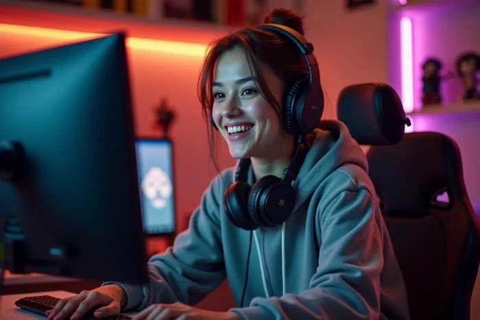 Jeune streameuse souriante devant son setup de streaming avec double écran et casque audio dans un studio gaming cosy
