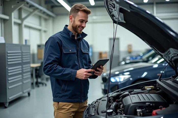 Jeune technicien automobile souriant avec tablette dans un atelier moderne