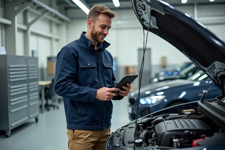 Jeune technicien automobile souriant avec tablette dans un atelier moderne