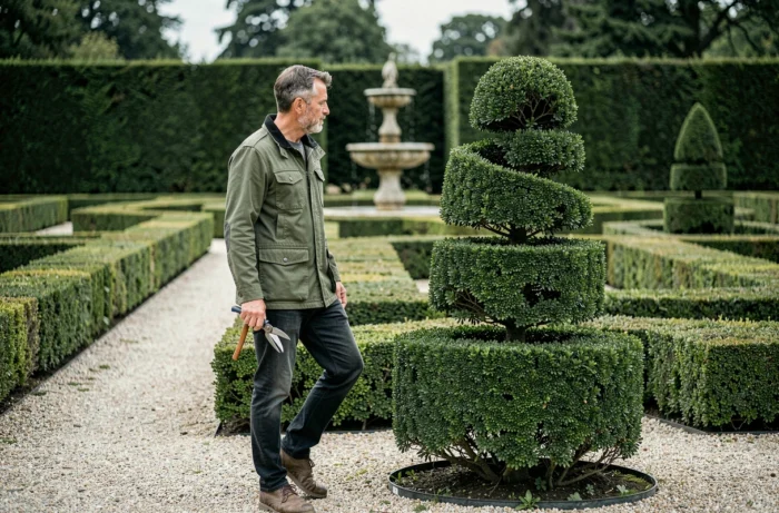 Homme admirant une haie d'if taillée en forme de paon dans un jardin formel à la française avec allées de gravier et fontaine en pierre