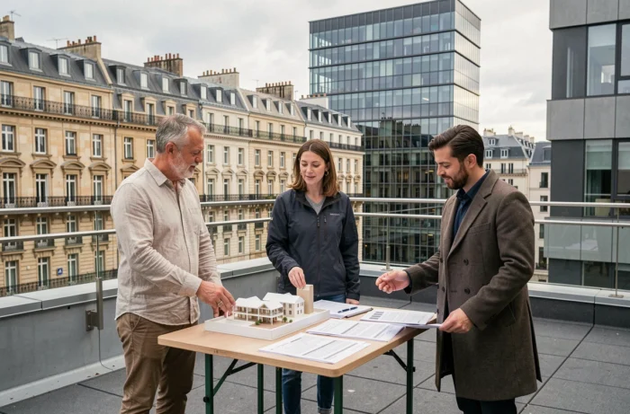 Groupe d'urbanistes discutant de maquettes architecturales sur une terrasse avec panorama de skyline urbain mêlant patrimoine et modernité
