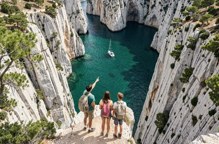 Famille en randonnée au bord des falaises des Calanques de Marseille avec vue sur les eaux turquoise du parc national