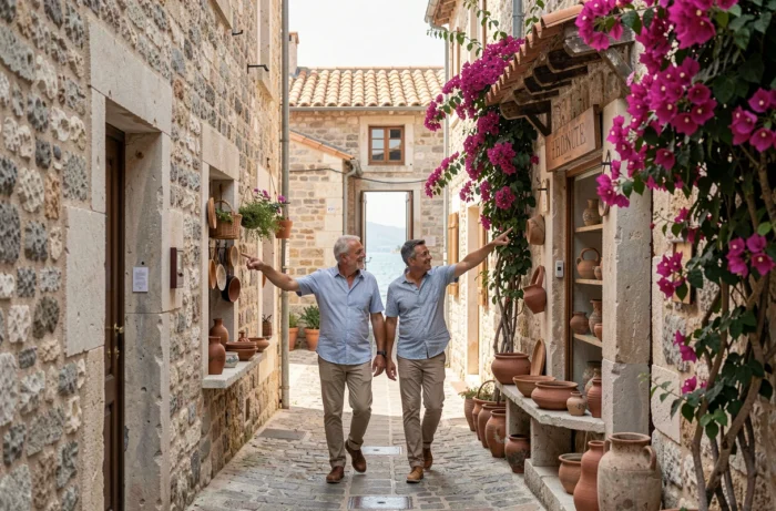 Couple se promenant dans une ruelle médiévale du village d'Èze sur la Côte d'Azur avec vue sur la mer Méditerranée