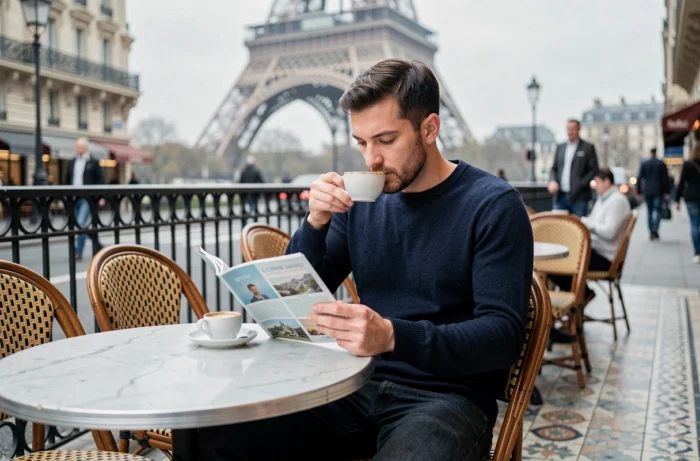 Voyageur savourant un espresso en terrasse de café parisien avec la Tour Eiffel en arrière-plan flou