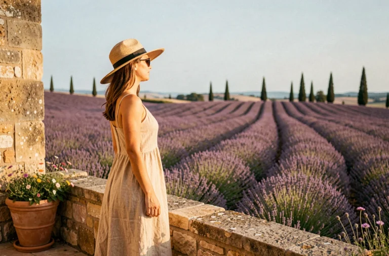 Femme en robe de lin regardant les champs de lavande en Provence, destination incontournable pour des vacances en France