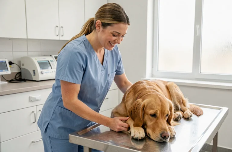Vétérinaire examinant un golden retriever dans une clinique moderne, illustrant l'importance de l'assurance animale