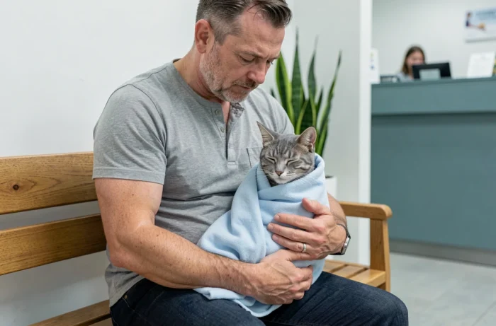 Propriétaire tenant son chat enveloppé dans une couverture dans la salle d'attente d'une clinique vétérinaire, soins de santé animale